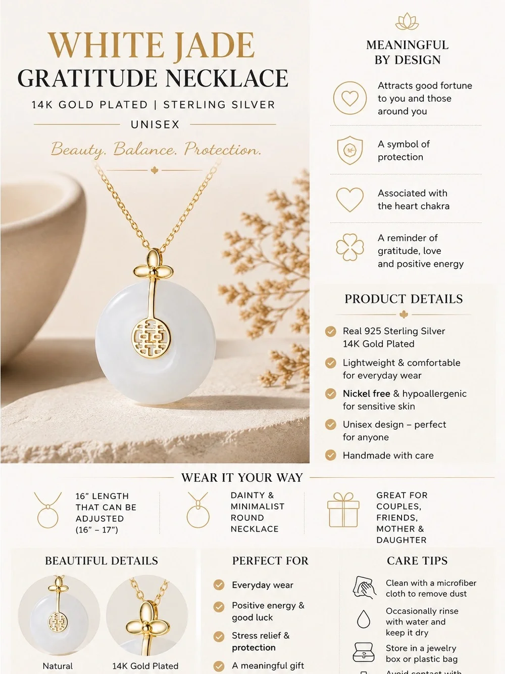 14K Gold-Plated 925 Sterling Silver White Jade Necklace | Unisex | 16–17” | NWT